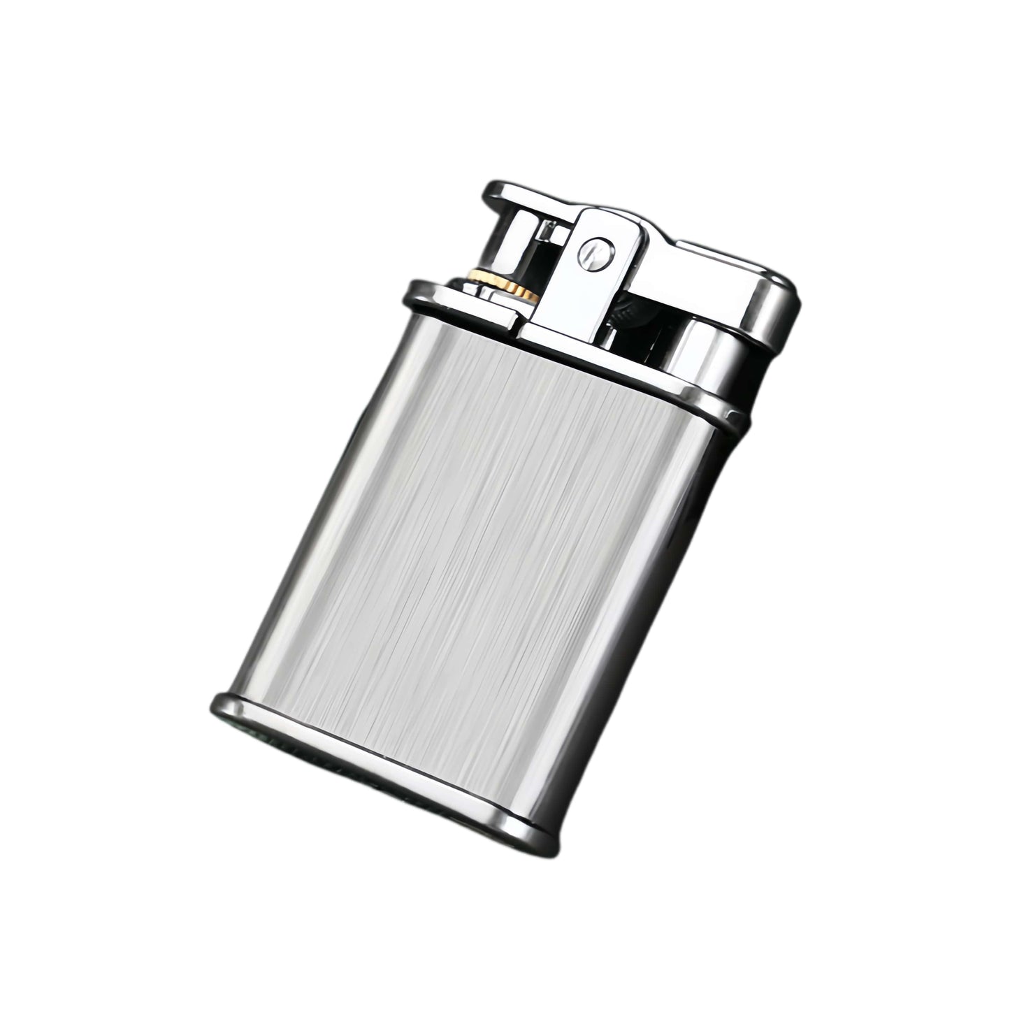 Kerosene vintage lighter has a brushed nickel finish & adjustable windproof shield